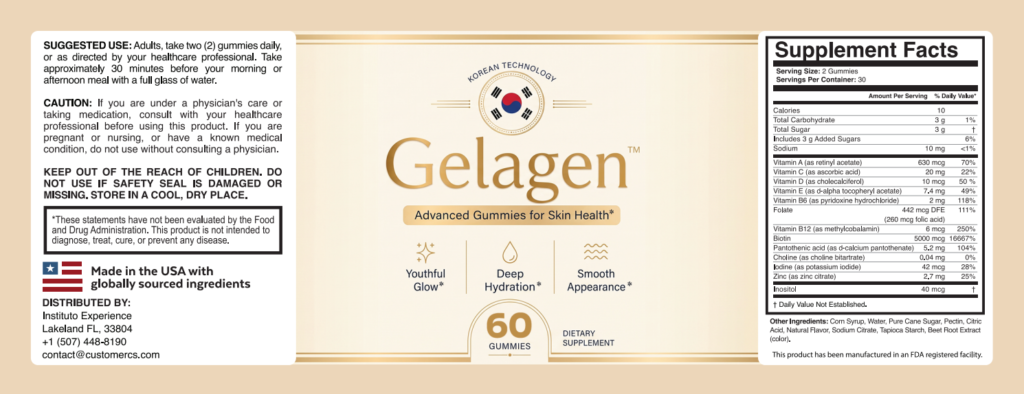 Gelagen Supplement Facts label: Potato Beauty Nutrients, Vitamin Blend and Chicory Root Nutrient